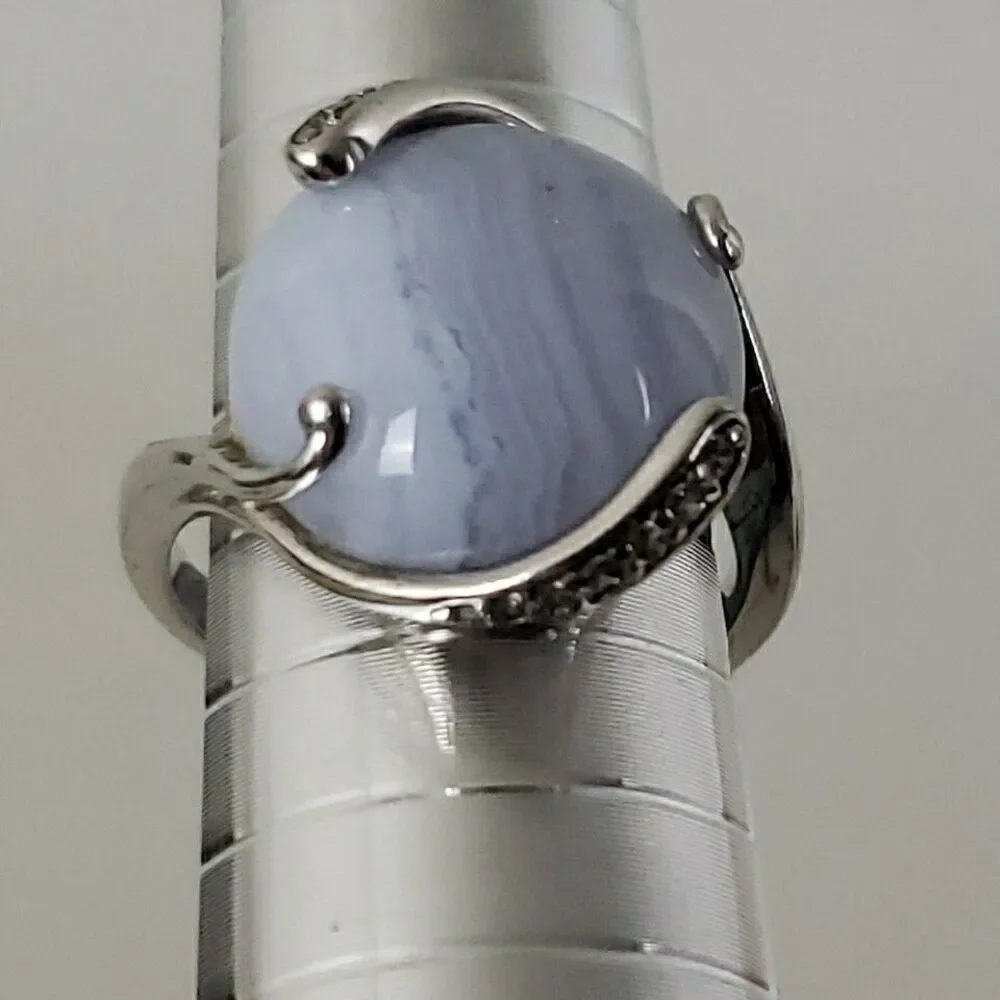 Blue Lace Agate Cabochon Ring CZ Accent 925 Silver Size 6